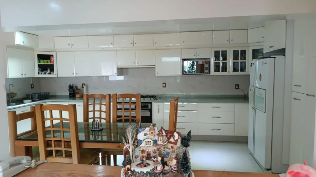 Cocina con estufa, campana y espacio para antecomedor